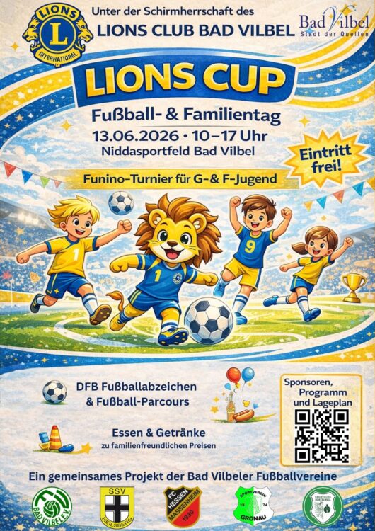 Flyer für das Lions Club Bad Vilbel Fußballturnier 2026 für F- und G-Jugend