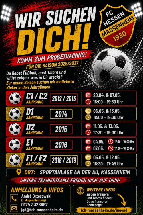 Flyer für die Einladung zum Probetraining beim FC Hessen Massenheim für die Saison 2026/2027